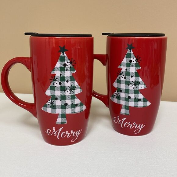 Merry Christmas Red Mug Plaid Tree with Removable Open Close Lid Set of 2 - Picture 3 of 14